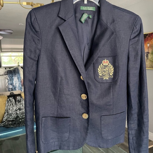 Ralph Lauren Linen Navy Gold Button Crest Emblem Bolero Blazer - size 4 - Picture 2 of 8